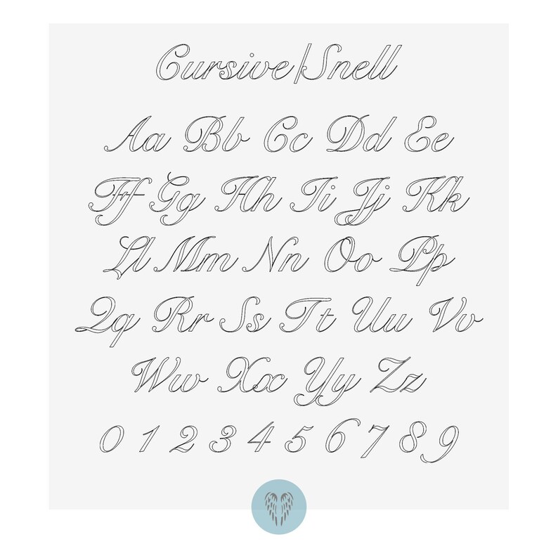 May include: A complete alphabet and number set in the Cursive Snell font. The letters and numbers are in a delicate, flowing script style, perfect for elegant designs. The image includes uppercase and lowercase letters, and numbers 0-9.