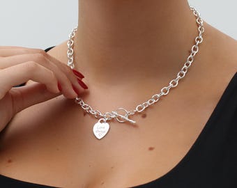 スターリングシルバー925ハートチャームTバーネックレス16インチ