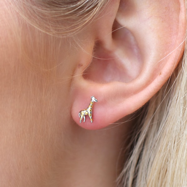 Clous d'oreilles girafe en plaqué or 18 carats et argent sterling • Parure de collier