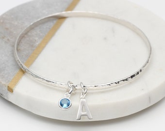 Sterling Silver Initial Birthstone Bangle • Mother Gift • Personalized Bracelet • Personalised Bangle