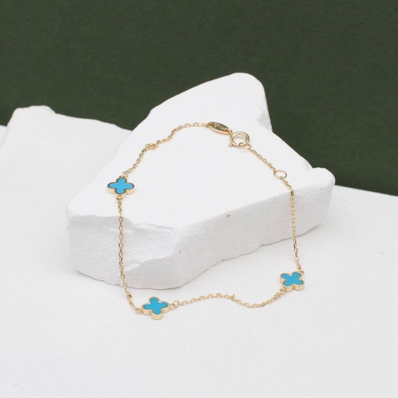 ●tow tow archive● Full Clover Bracelet Turquoise TBH22ABTB 14KT Yellow Gold 14mm Turquoise Clover Station Chain