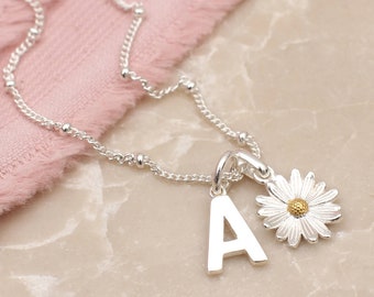 Sterling silver daisy and initial necklace • Floral Necklace • Daisy Charm Necklace • Personalized Necklace