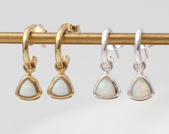 18ct Gold Plated or Sterling Silver Opal Charm Hoop Earrings