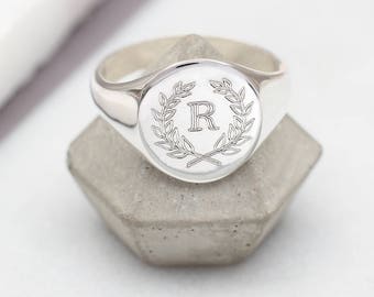 Men&#39;s Personalised Silver Initial Signet Ring • Husband Gifts • Engraved Jewellery •