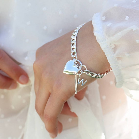 シルバー南京錠ハートイニシャルチャームブレスレット - Etsy 日本