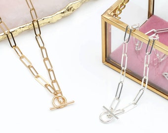 18ct Gold Plated or Silver Paper Clip & T Bar Necklace • Toggle Clasp Necklace