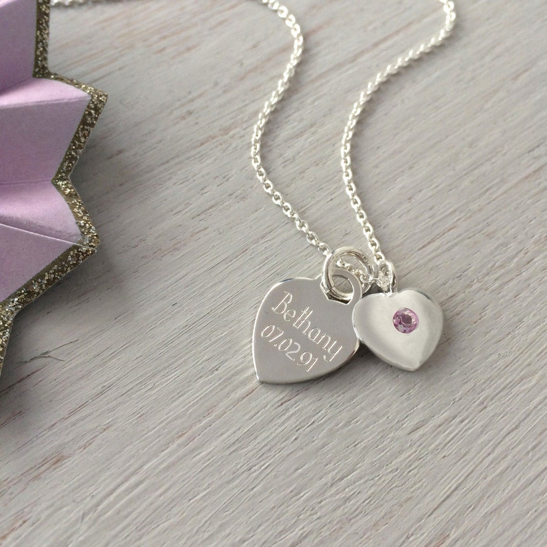 Personalised Silver Heart & Birthstone Necklace - Etsy