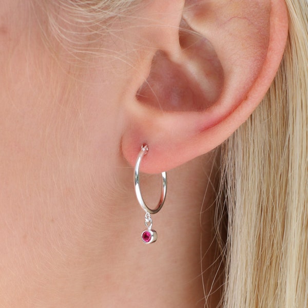 Silver Birthstone Hoop Earrings