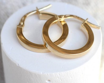 May include: A pair of polished gold hoop earrings with a flat, square-edged profile. The earrings feature a hinged post mechanism for secure closure, showcasing a smooth, reflective metallic surface that catches the light across the circular bands.
