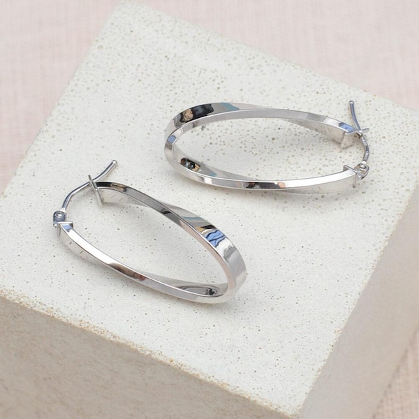 9ct White Gold Twist Oval Hoop Earrings