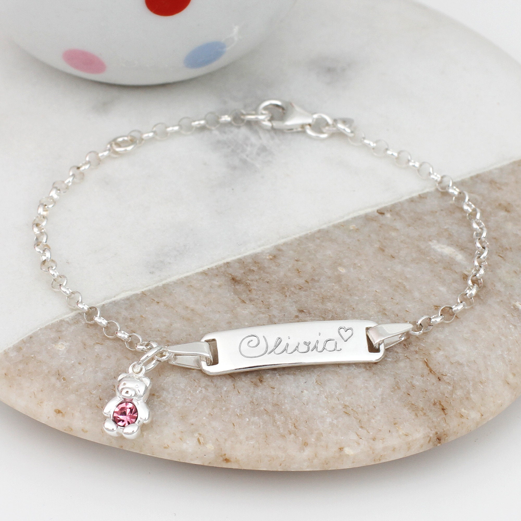 Personalisierte Sterling Silber Birthstone Teddy Armband Taufe