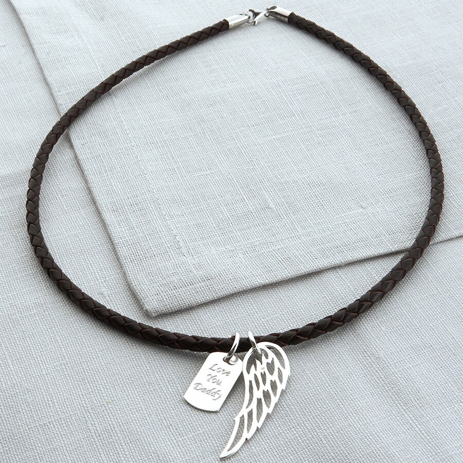 Personalised Silver Wing and Dog Tag Leather Necklace - Etsy