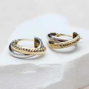 9ct Two Tone Gold Hammered and Plain Band Crossover Hoops