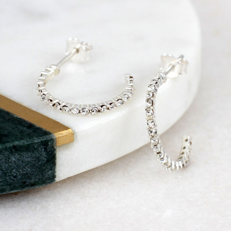Sterling Silver And Crystal Set Half Hoop Earrings
