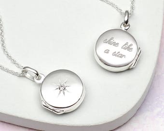 Personalised Silver Star Set Disc Locket • Photo Necklace •