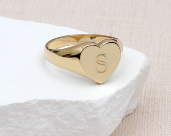 Personalised 9ct Yellow Gold Heart Signet Ring • Solid gold heart Signet Ring • Ladies Signet Ring