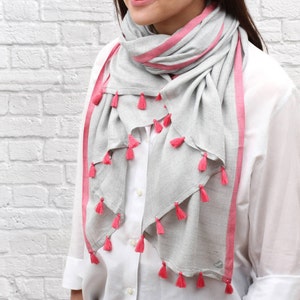 Personalised Contrast Tassel Scarf Accessories Grey/Pink Trim