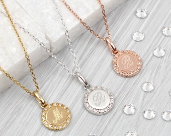 Personalised Diamond Halo Pendant • Initial Engraved Necklace • Mini Disc Necklace
