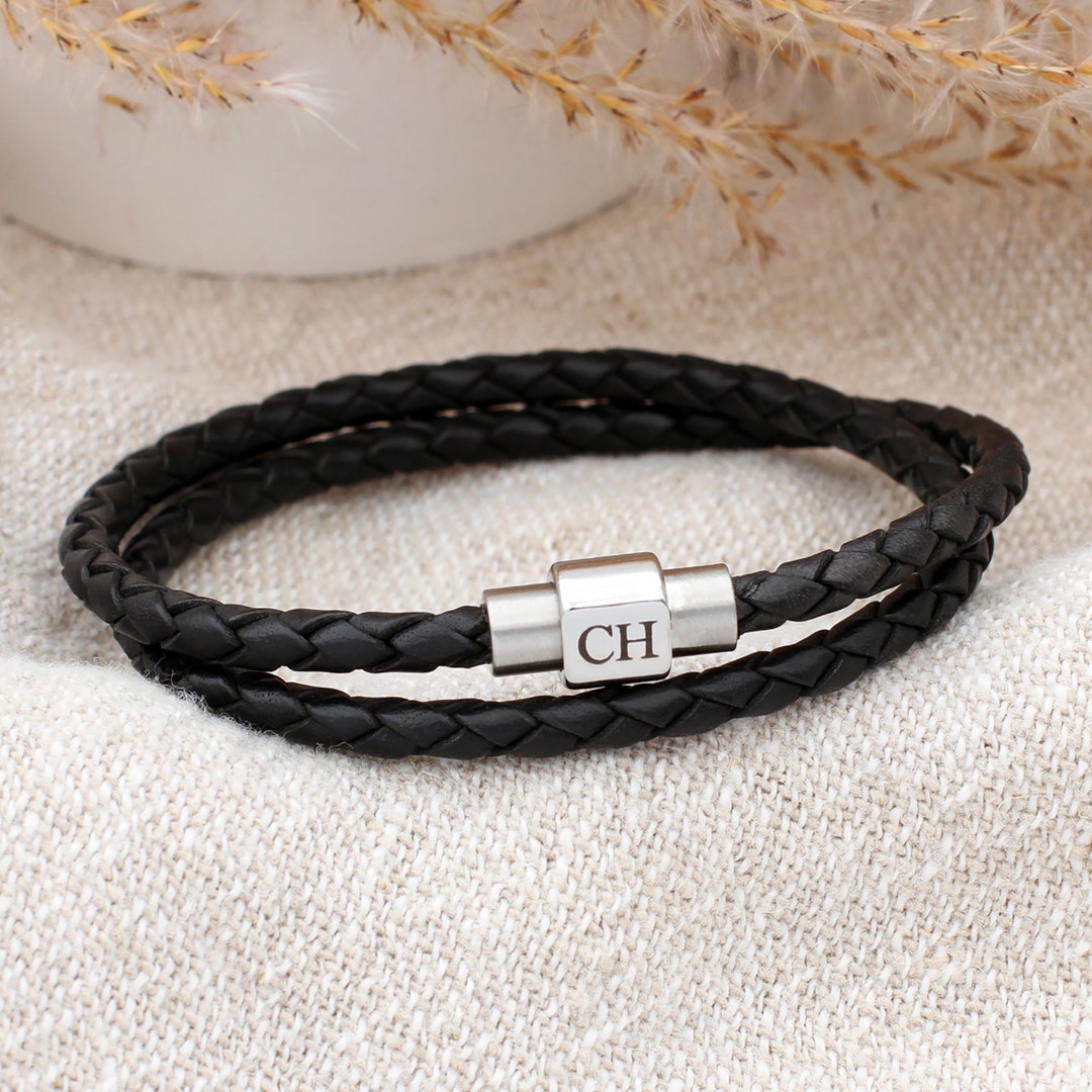 Men s Personalised Clasp Double Leather Bracelet Etsy