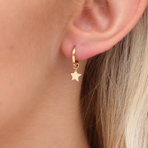 18ct Gold Plated & Silver Star Charm Hoop Earrings • Star Dangle Earrings • Celestial Jewelry • Sister Gift • Minimalist Earrings