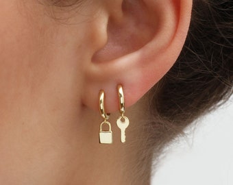 18ct Gold Plated Or Silver Lock And Key Hoop Earrings