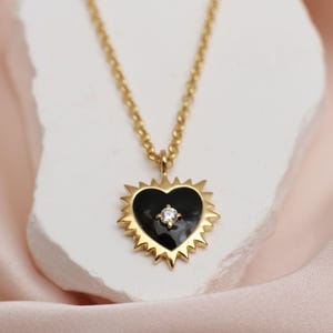 Personalised Gold & Black Enamel Sacred Heart Necklace • Milagro Heart • Pearl Heart Charm Pendant • Vintage Inspired