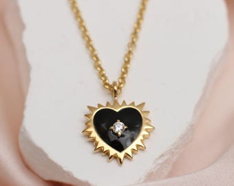 Gold Sacred Heart Necklace: Vintage Inspired, Black Enamel Milagro Heart Pendant