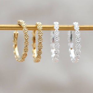Sterling Silver or Gold Plated Daisy Hoop Earrings • Floral Hoops