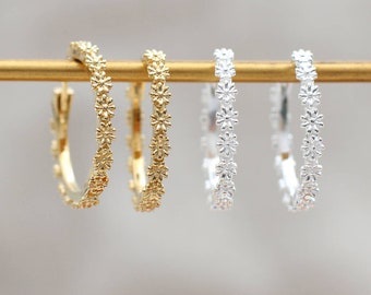 Sterling silver or gold plated daisy hoop earrings