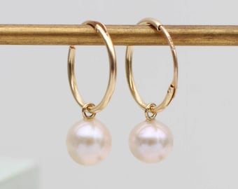 9ct gold and freshwater pearl hoop earrings