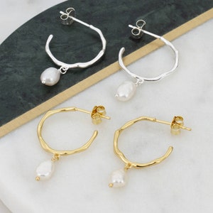 Gold or Silver Pearl Charm Hoop Earrings