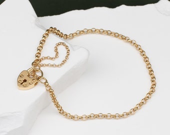 9ct Yellow Gold Heart Padlock Bracelet • Solid Gold Padlock Bracelet • Women's Gold Bracelets • Gold Locking Bracelet