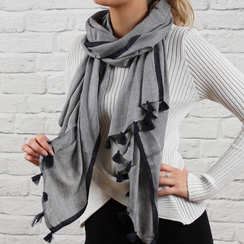 Personalised Contrast Tassel Scarf Accessories Dark Grey/Navy Trim