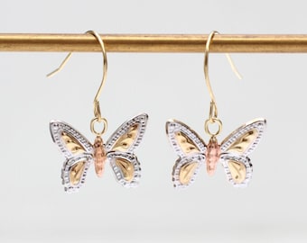 9ct Three Tone Gold Textured Butterfly Drop Earrings