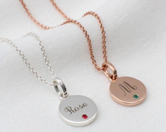 Personalised Sterling Silver Or Rose Gold Birthstone Disc Necklace • Name Necklace • Birthstone Necklace • Personalized Gift • Gifts For Her