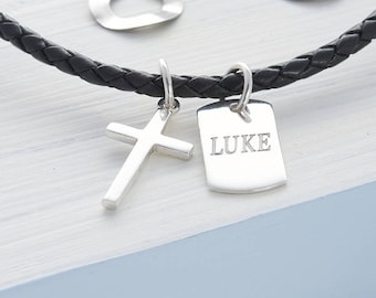 Personalised Silver Cross & Tag Leather Necklace