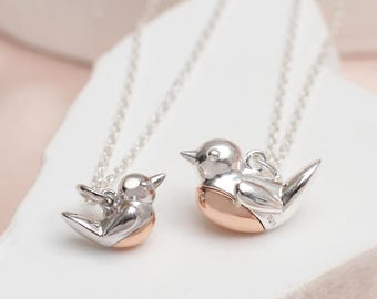 Sterling Silver & Rose Gold Robin Red Breast Necklace • Christmas Necklace • Christmas Gift