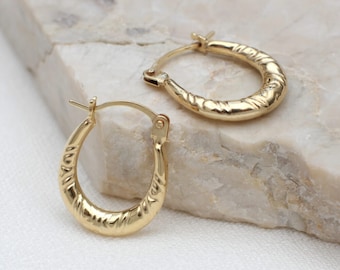 9ct Yellow Gold Patterned Creole Hoop Earrings
