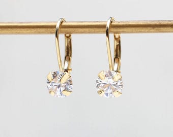 9ct Yellow Gold Round Cubic Zirconia Drop Earrings - Etsy