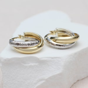 9ct Two Tone Gold Diamond Cut and Plain Band Crossover Hoops