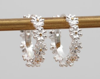 Sterling Silver Daisy Huggie Hoop Earrings