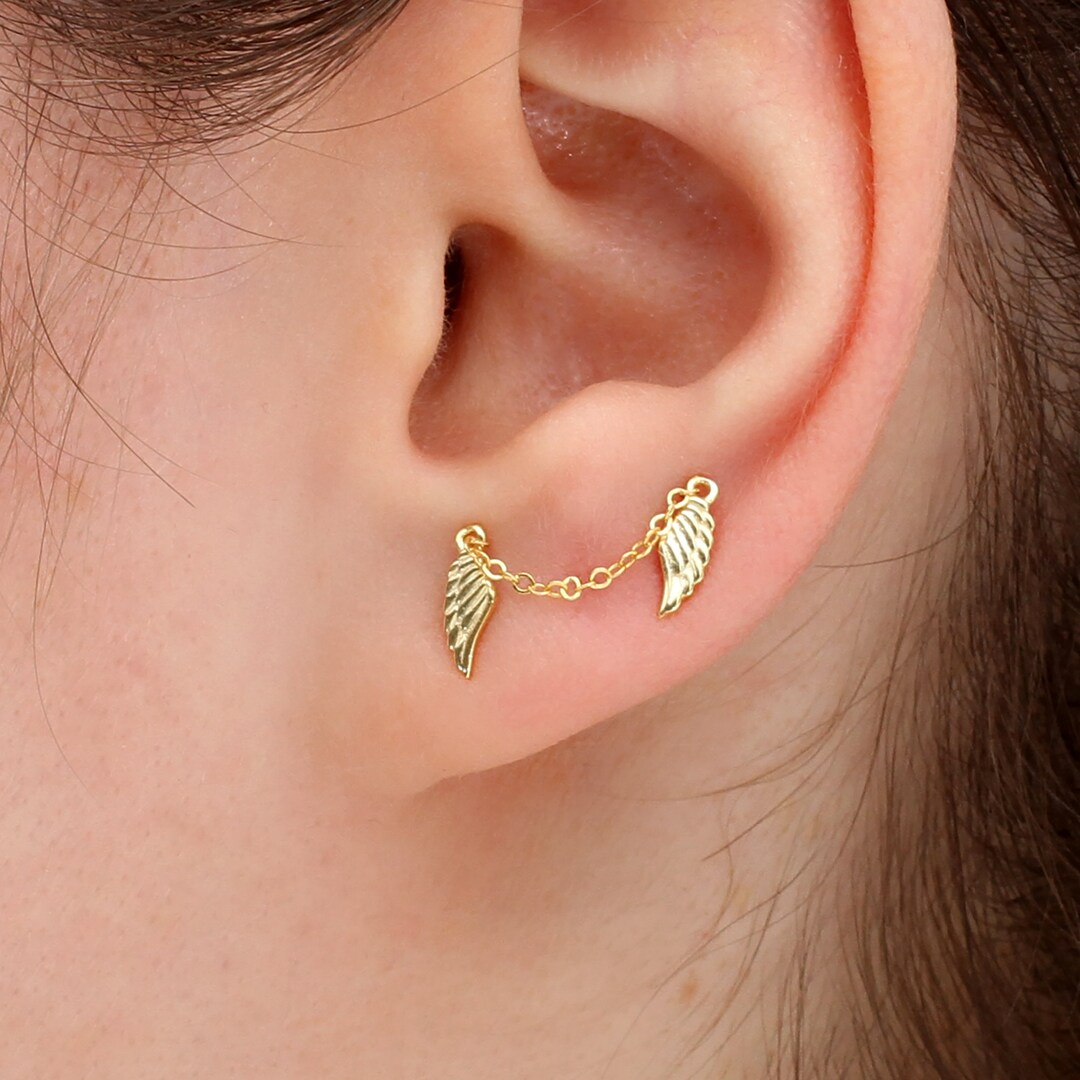Silver or Gold Double Piercing Angel Wing Earring Etsy Norway