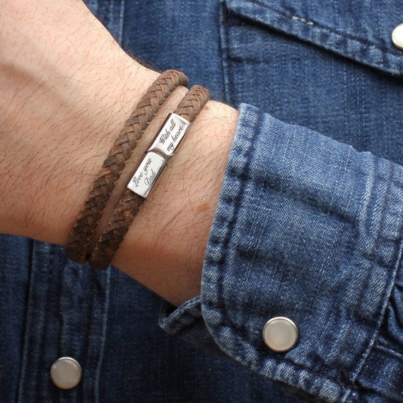 Personalised Men's Soho Tag Message Black Leather Bracelet | Treat Republic