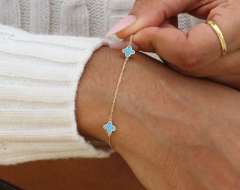 ★tow tow archive★ Full Clover Bracelet Turquoise TBH22ABTB 9ct Yellow Gold Turquoise Clover Bracelet - Etsy
