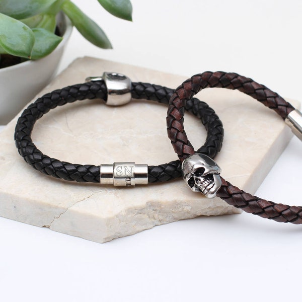 Bracelet homme personnalisé en cuir avec perles tête de mort