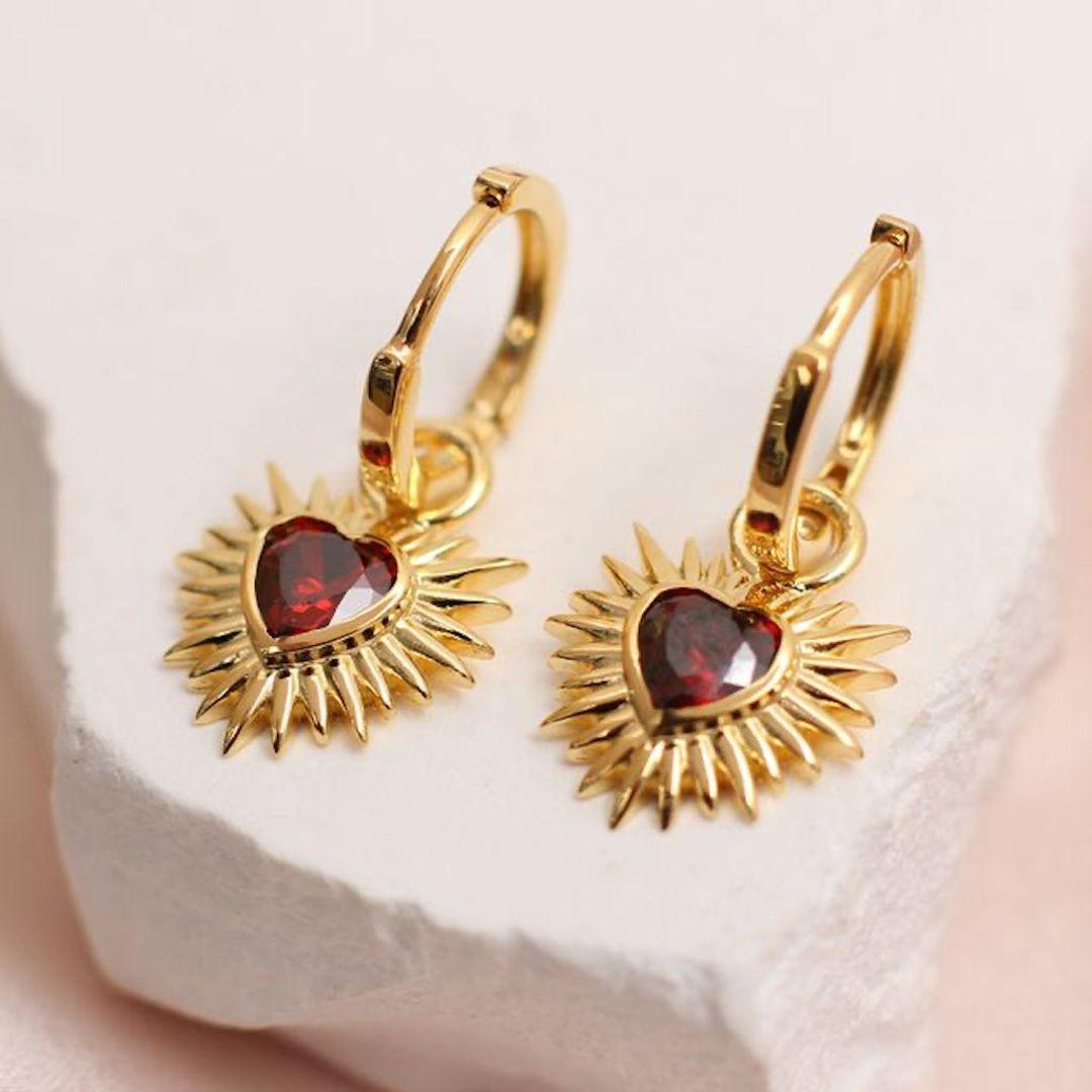 Sterling Silver or Gold Sacred Heart Hoop Earrings: Red Cubic Zirconia, Sterling Silver - Etsy Canada