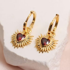 Gold & Red Sacred Heart Earrings • Milagro Heart • Hoop Earrings