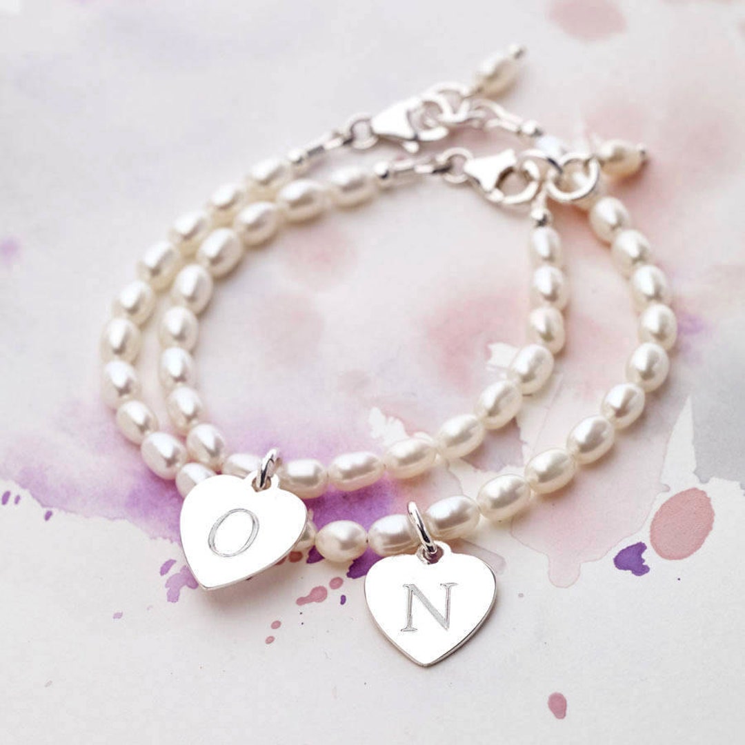 Girl s Personalised Silver Heart Pearl Bracelet Etsy Australia