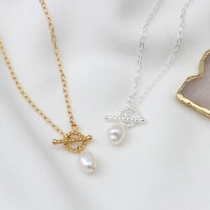 Collier barre en T en plaqué or 18 carats ou en argent sterling avec perle