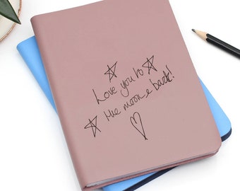 Refillable Leather Notebook Personalised With Child's Drawing • Own Image Engraved Notebook • Mother Gift • Father's Day Gift